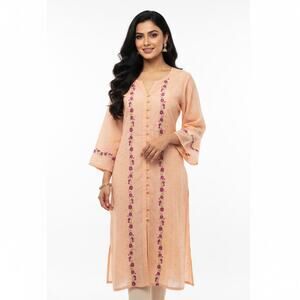 Anthro Fei Peach Orange Embroidered Tunic Midi Dress Cotton Boho Small Summer